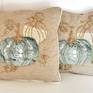 Pier 1 Fall Thanksgiving Throw Pillows Blue Tan Beige (2) 16”